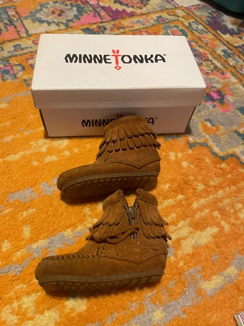 Minnetonka Kids Tan Fringe Suede Moccasins with Side Zipper